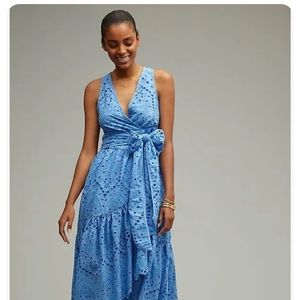New Anthropologie Maeve Eyelet Wrap Midi Dress Blue size 2 Side pocket